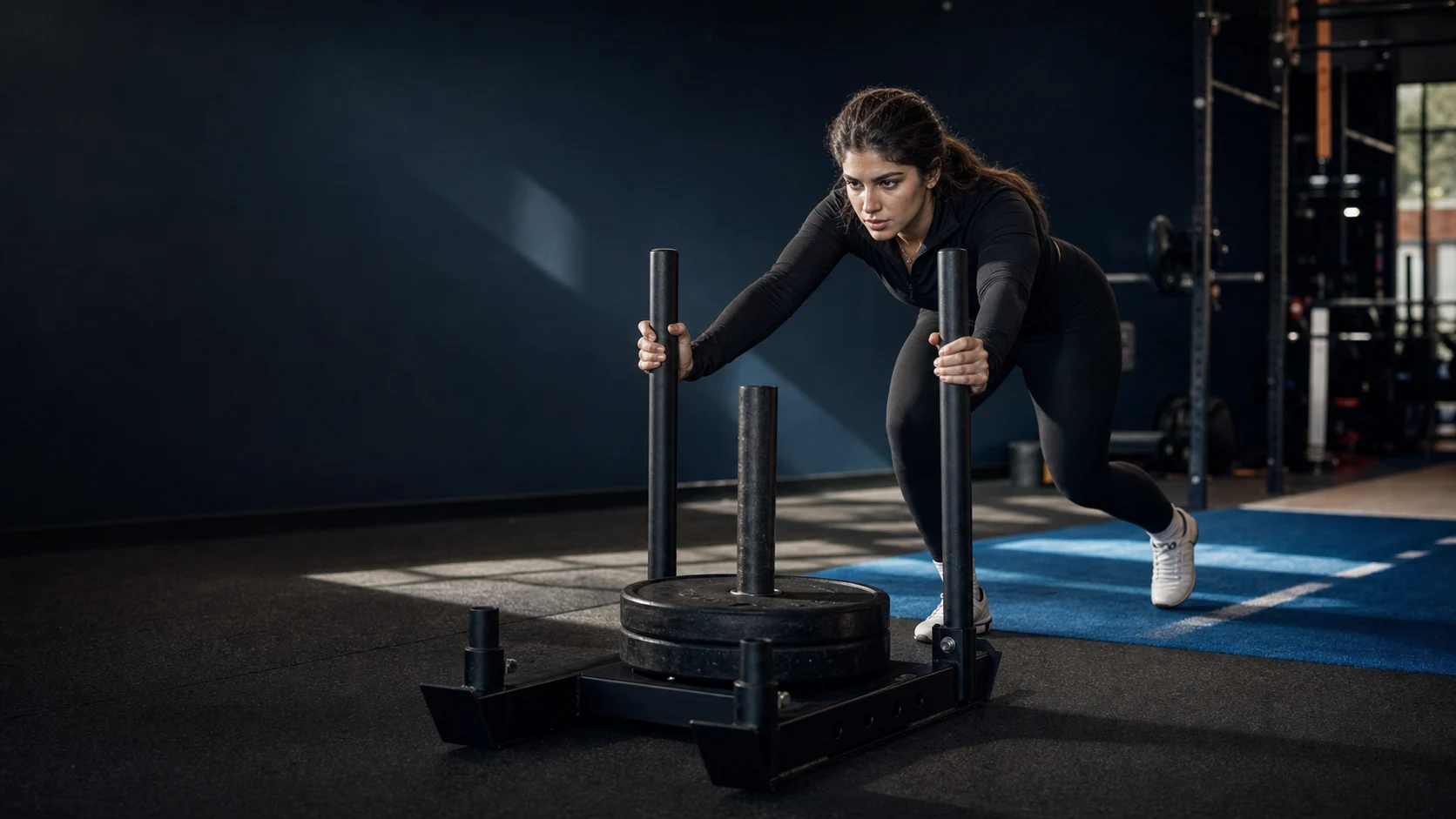 Coach Tia pushing a weighted sled in a strength gym